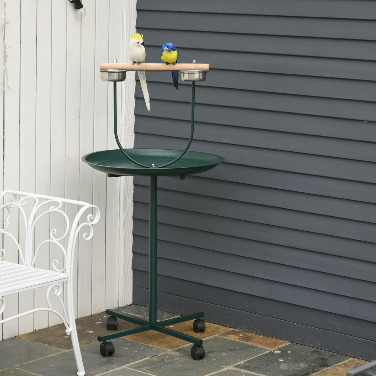 PawHut Bird Perch Stand with Wheels, Tray & 2 Stainless Steel Bowls – T-Stand for Small to Medium Birds, Green