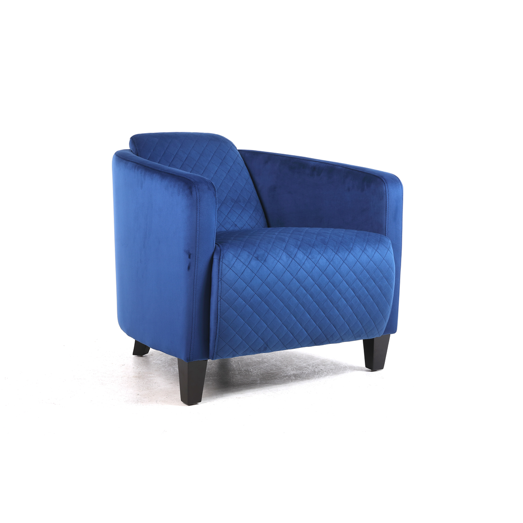 Blue Velvet Tub Accent Armchair with Criss-Cross Pattern, Padded Seat & Drop Arms – Mid-Century Style