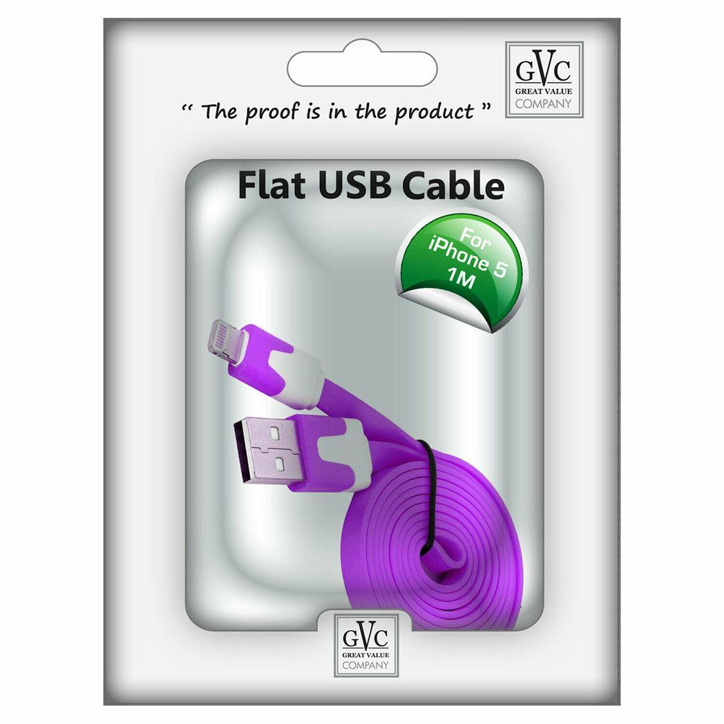 GVC 1 Metre Tangle-Free Flat USB to 8 Pin Cable – Charging & Data Sync Lead for Phones and PCs, Purple