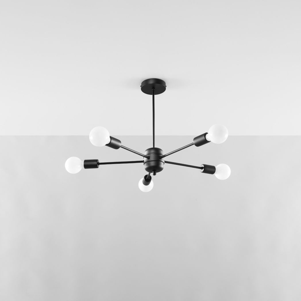 Sollux Lighting Lango Steel Chandelier with 5 E27 Lights – Modern Design Ceiling Light, Black