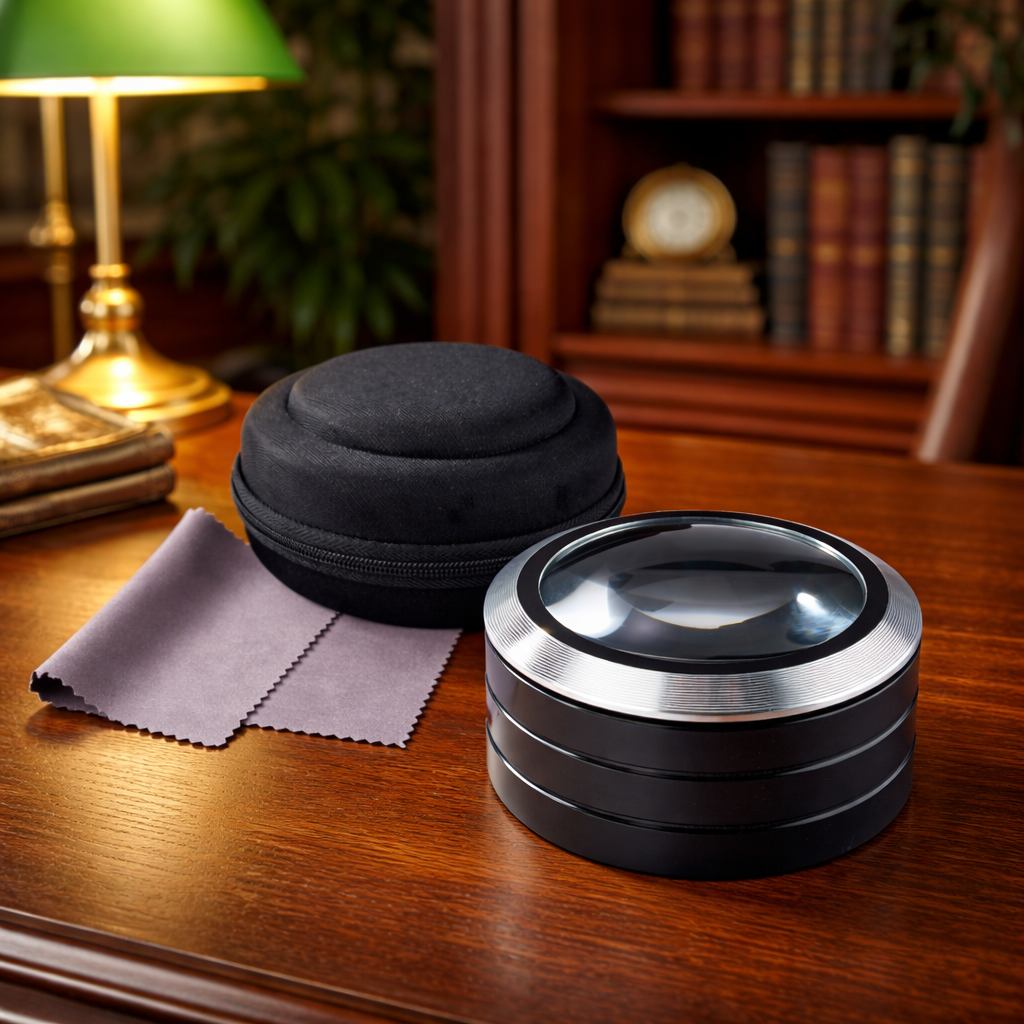 Avilo Pocket Dome Magnifier with Press-Activated Light, Cleaning Cloth and Protective Case