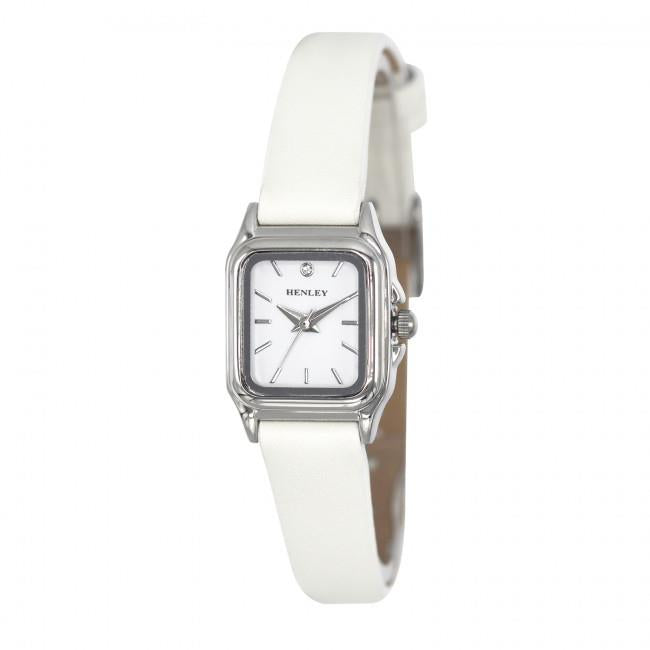 Henley Ladies Petite Rectangular Dial Watch – White Leather Strap