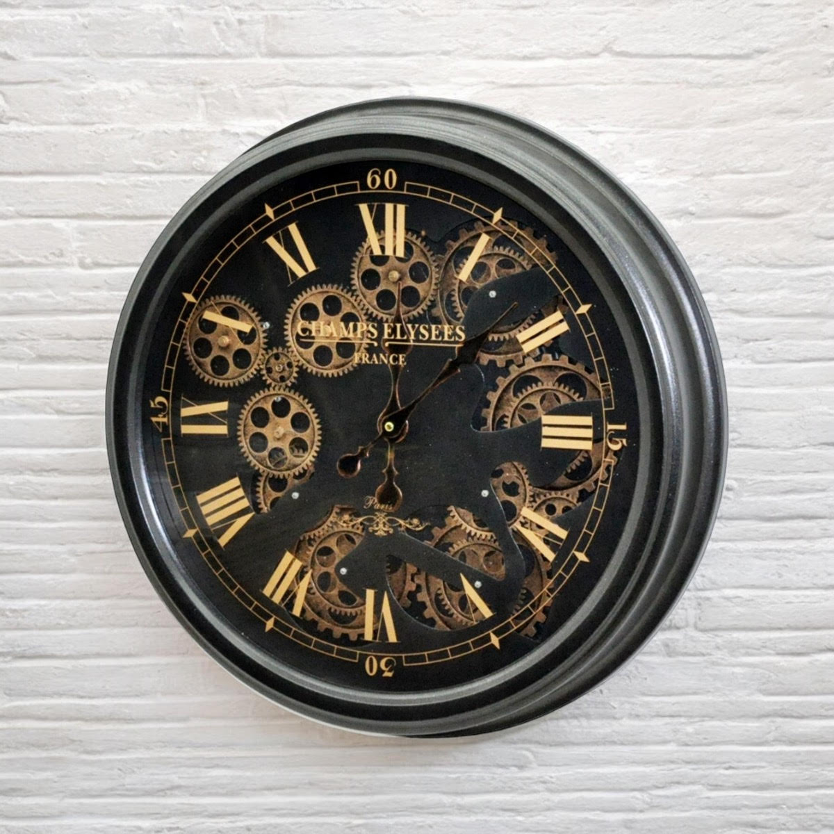 MSL 52cm Industrial Roman Numeral Wall Clock with Moving Gears – Battery Quartz Decorative Timepiece, Black