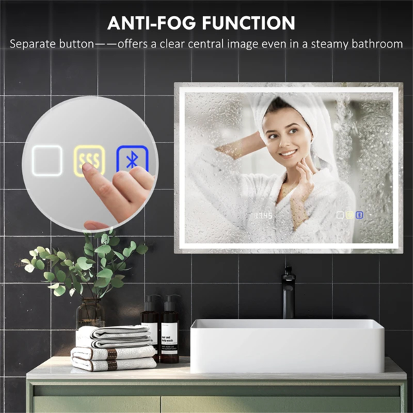 Home&Me LED Bathroom Mirror 80 x 60cm with Bluetooth Speaker, Clock & Demister – Silver, Dimmable