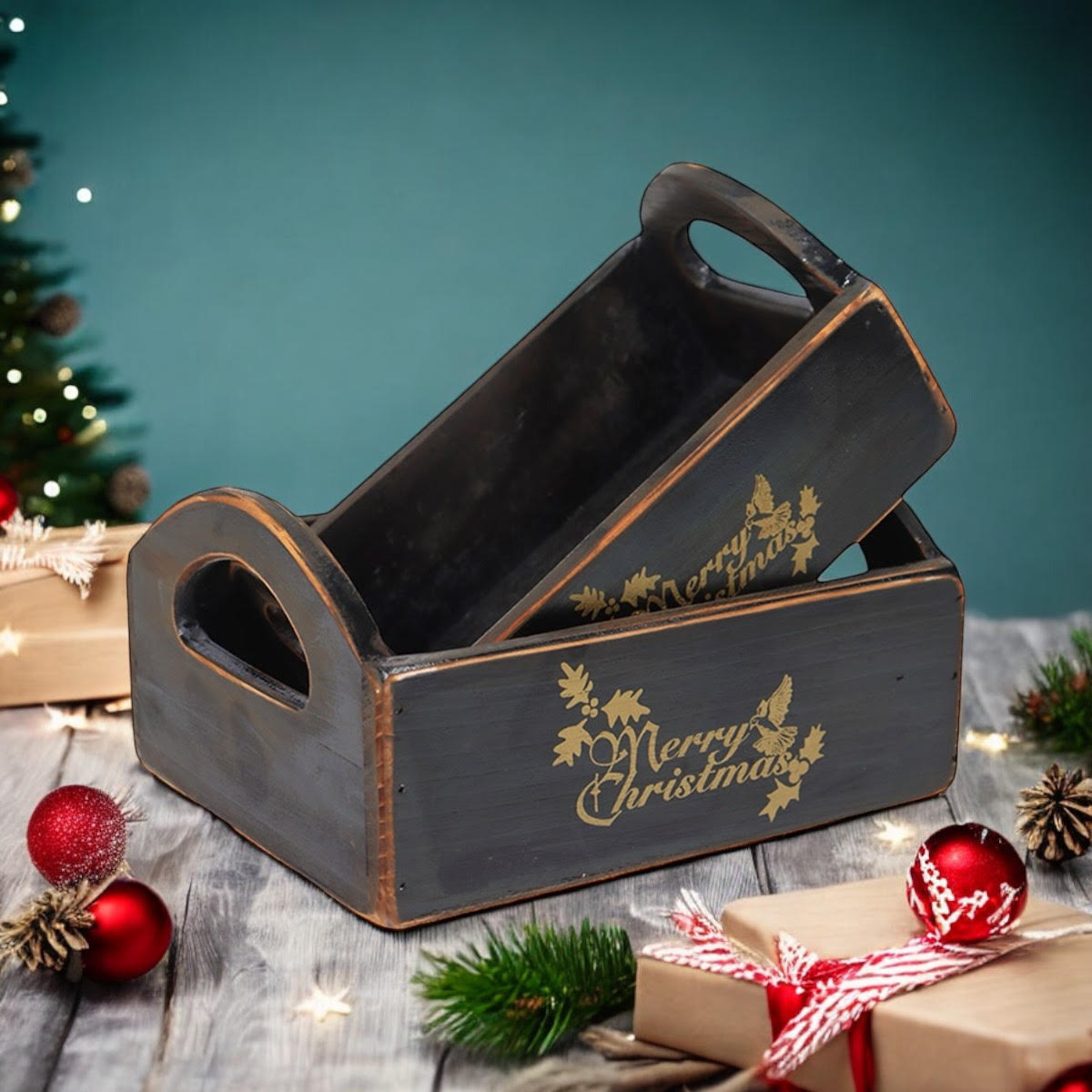 AcaciaHome Vintage 'Merry Xmas' Wooden Storage Crates, Set of 2 – Stackable with Handles, Black