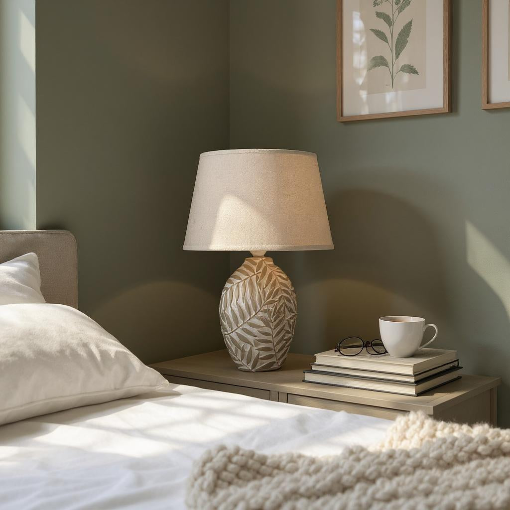 Minimalist Textured Ceramic Table Lamp with Fabric Shade – In-Line Switch, 1m Cable Bedside Lamp