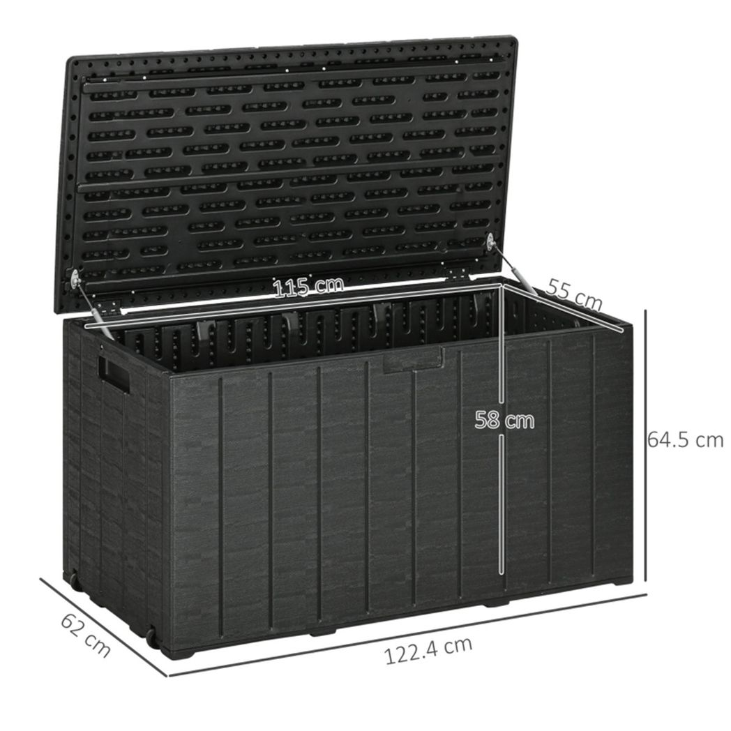 366L Outdoor Storage Box with Handles & Rollers – Double-Walled Weather-Resistant Plastic Chest, Black