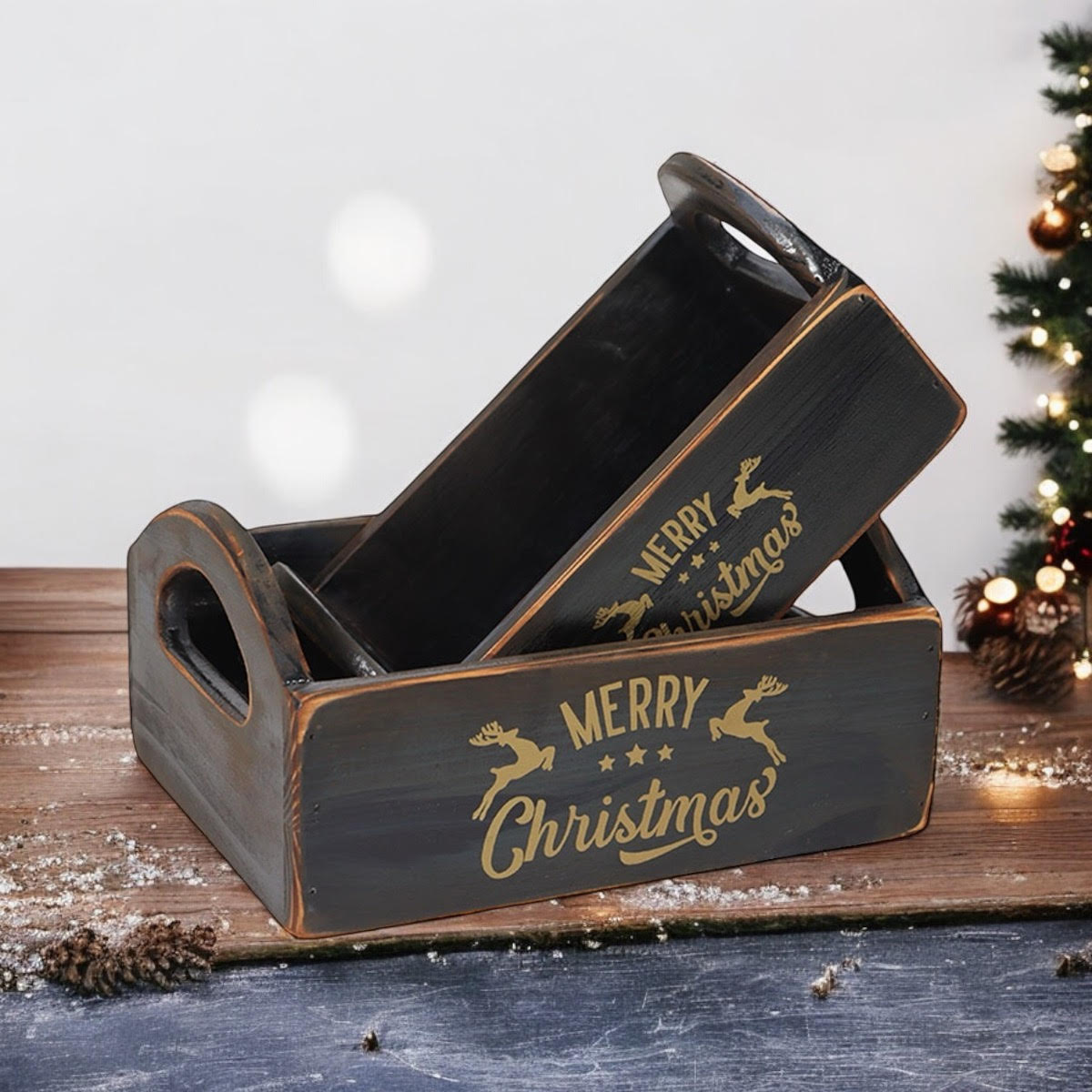 AcaciaHome Vintage 'Merry Xmas' Wooden Storage Crates, Set of 2 – Stackable with Handles, Black
