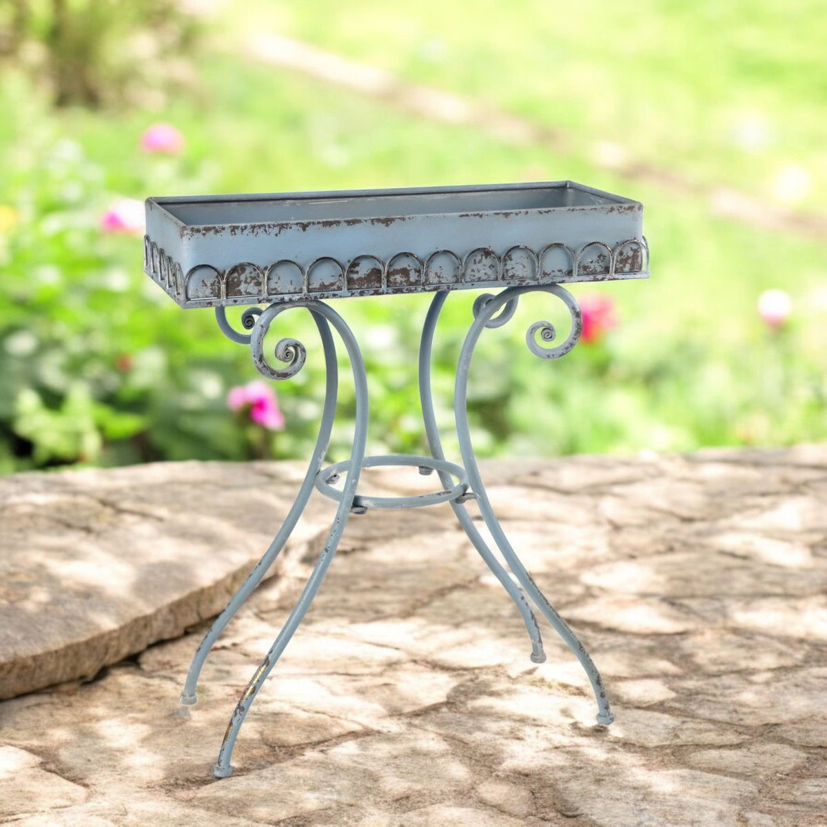 AcaciaHome Metal Oblong Plant Pot Table Frame, 65cm – Patina Finish Garden Stand for Indoor and Outdoor Use, Cream