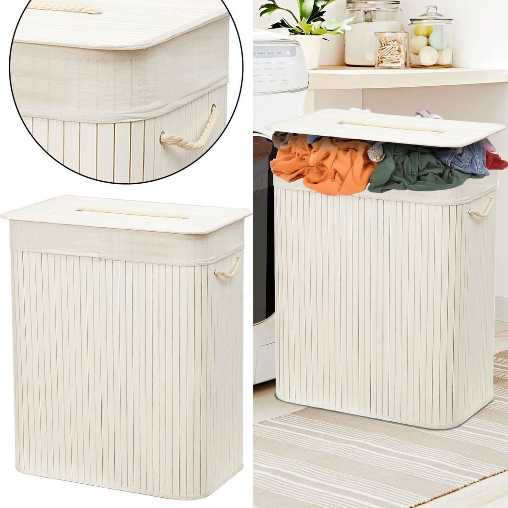 Rectangular Bamboo Laundry Basket with Lid, Divider & Rope Handles – Storage Organiser for Bathroom & Laundry Room, White