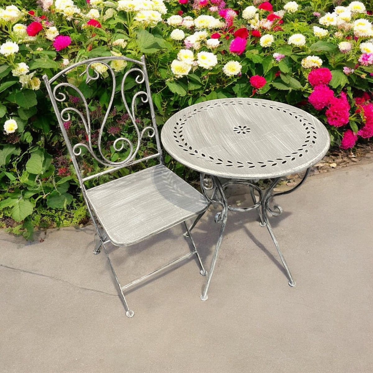 AcaciaHome 3-Piece Metal Bistro Set with Round Table and Two Foldable Chairs – Weather-Resistant Patio Furniture, Cream