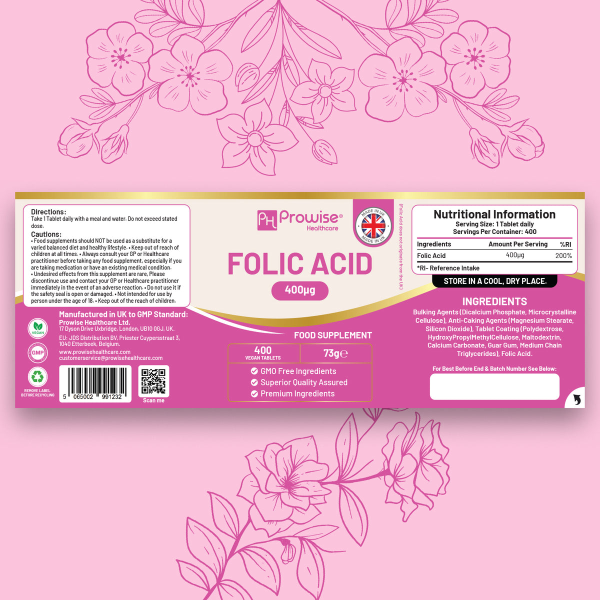 Prowise Folic Acid 400mcg Vitamin B9 Tablets – 400 Vegan Tablets, Over a Year's Supply, Made to GMP Guidelines