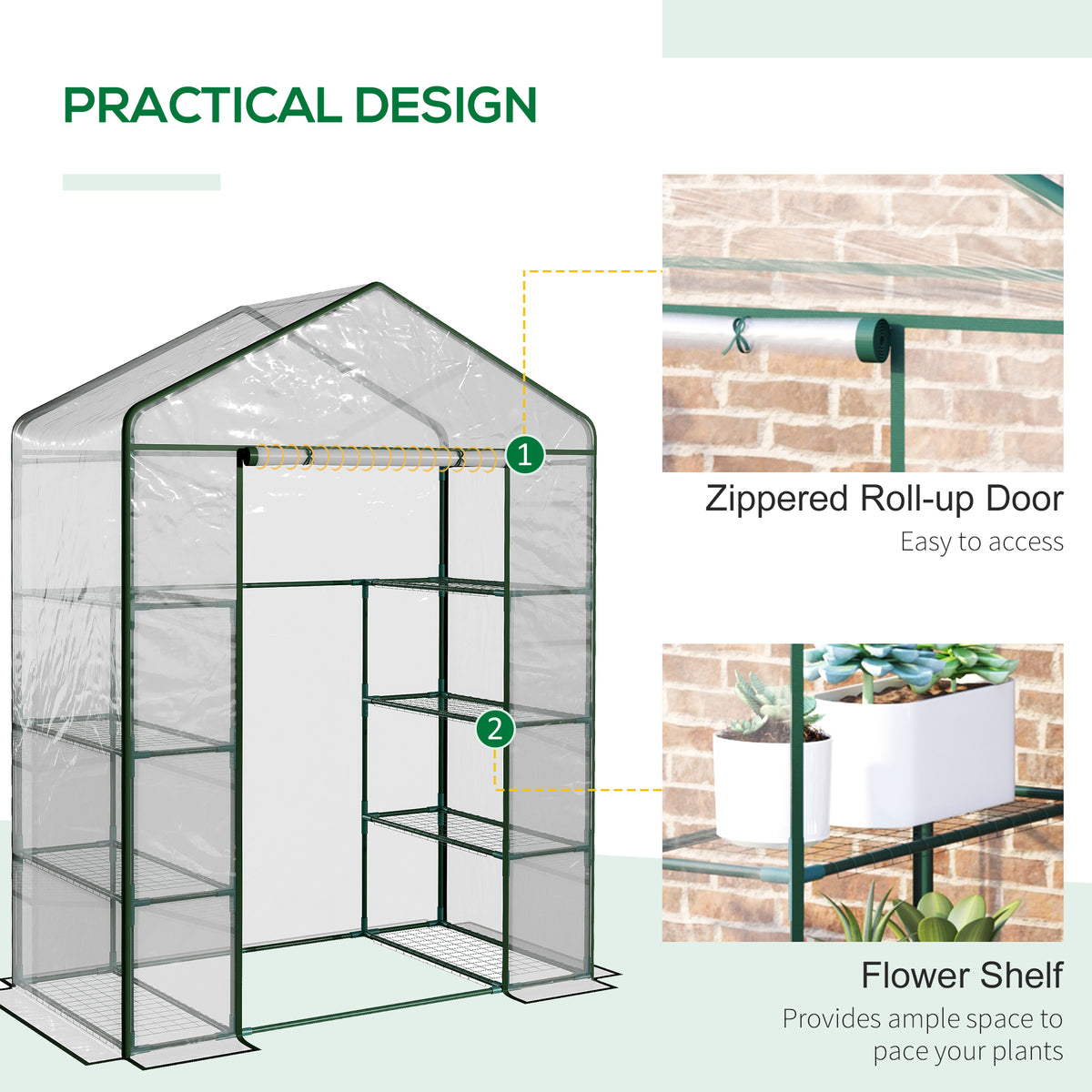 Outsunny 4 Tier Walk-In Portable Greenhouse with 8 Shelves, 143 x 73 x 195 cm – Steel Frame, Clear PVC Cover