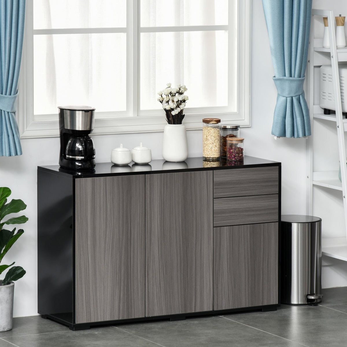 Gloss & Matte Side Cabinet with 2 Doors & 2 Drawers – Home Office Storage, Grey & Black