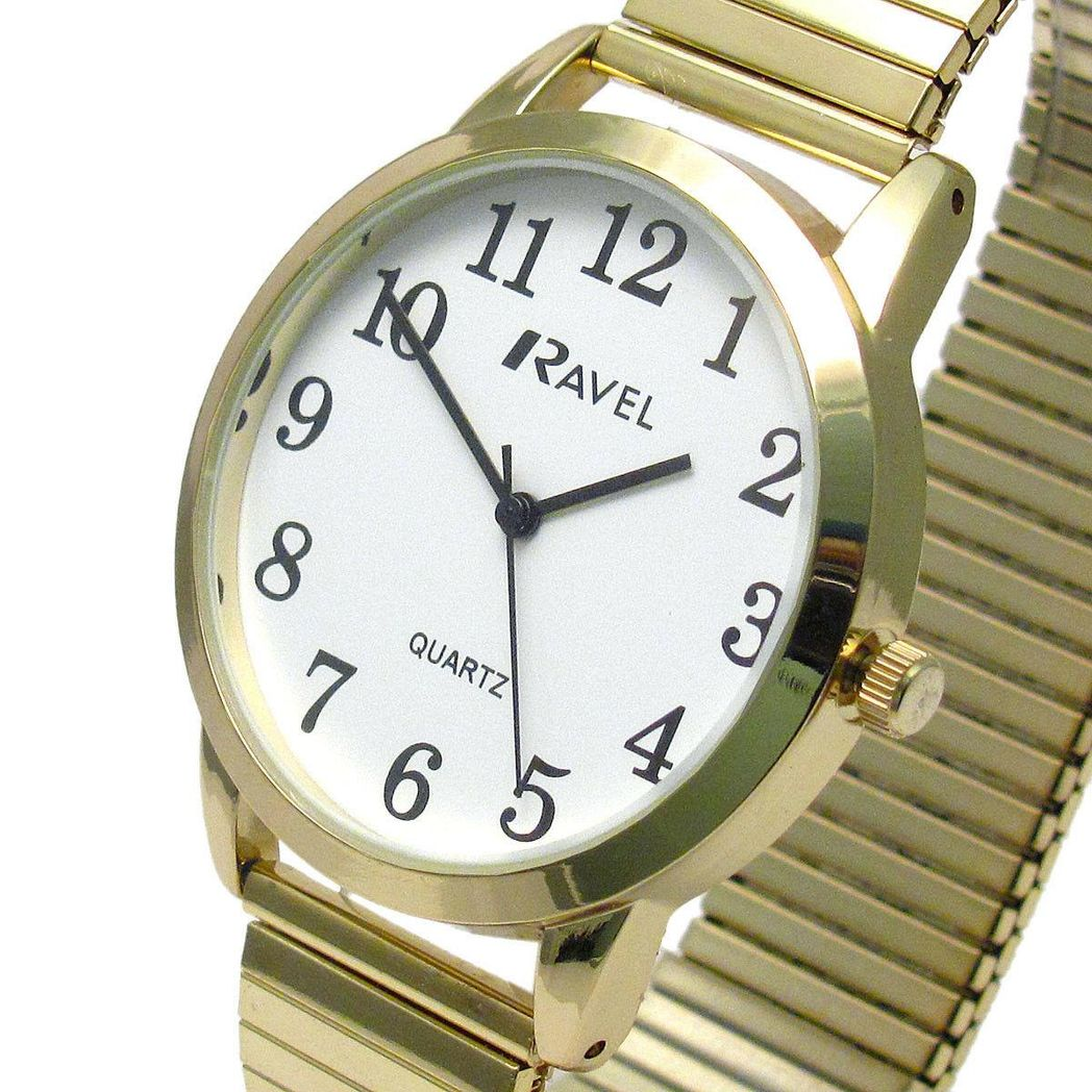 Ravel Men's Bold Number Expander Bracelet Watch – White Dial, Gold Tone