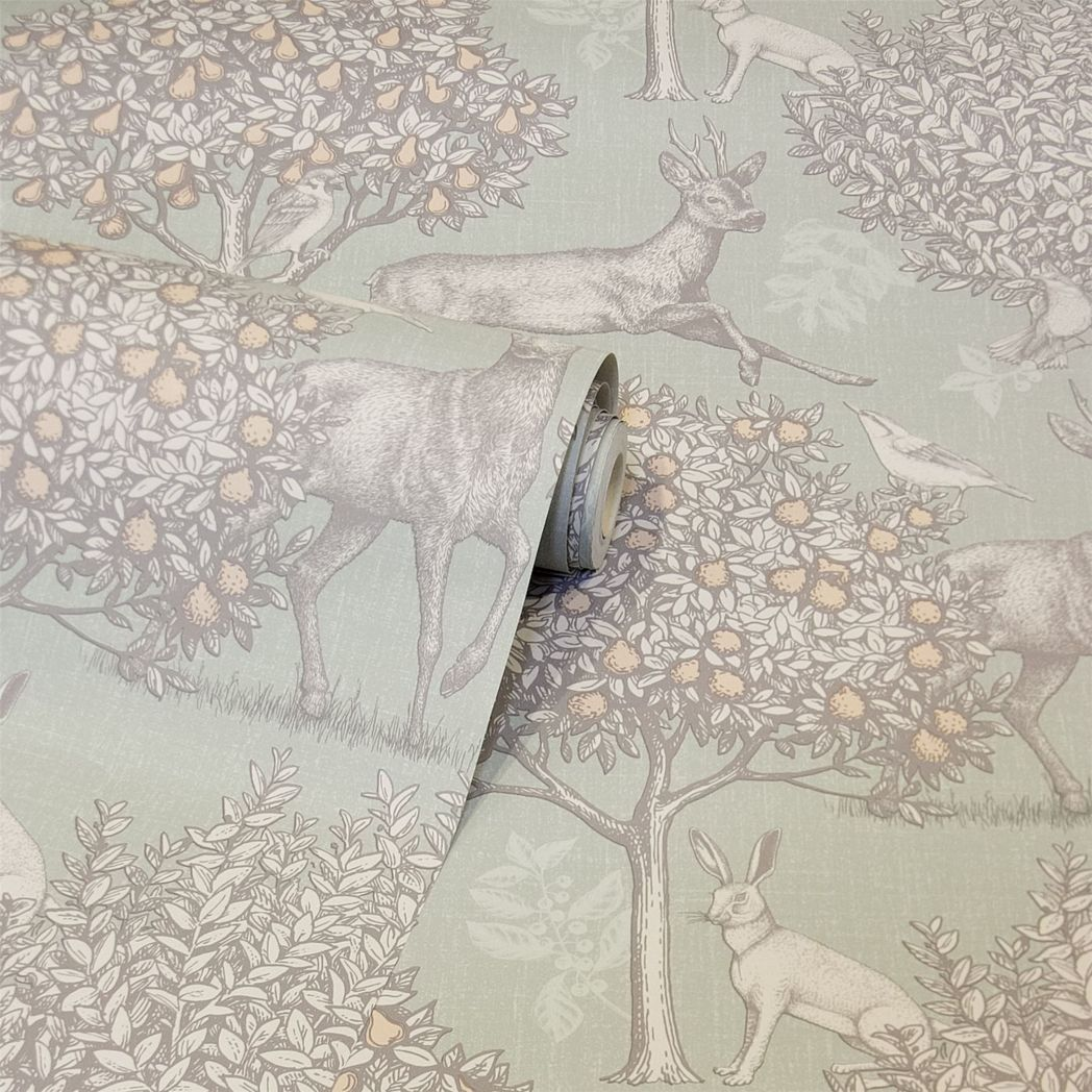 Arthouse Woodland Scene Wallpaper with Deer, Birds and Rabbits – Country Style Feature Wall, Sage Green