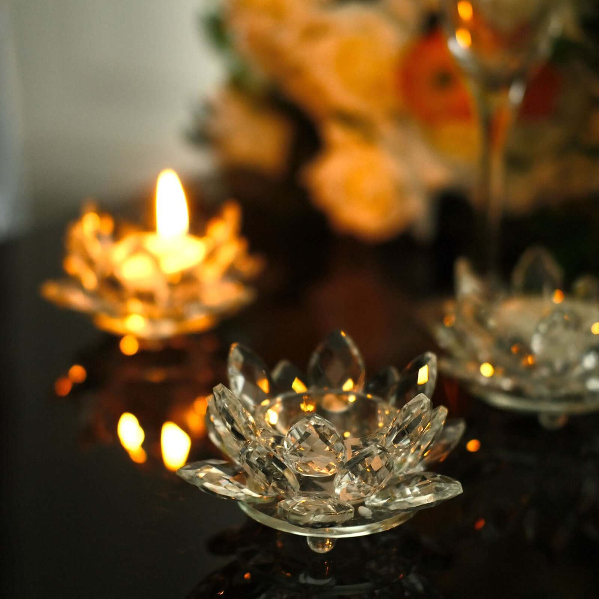 Crystal Glass Lotus Candle Holder with LED Tealight – Faceted Petal Home Decor