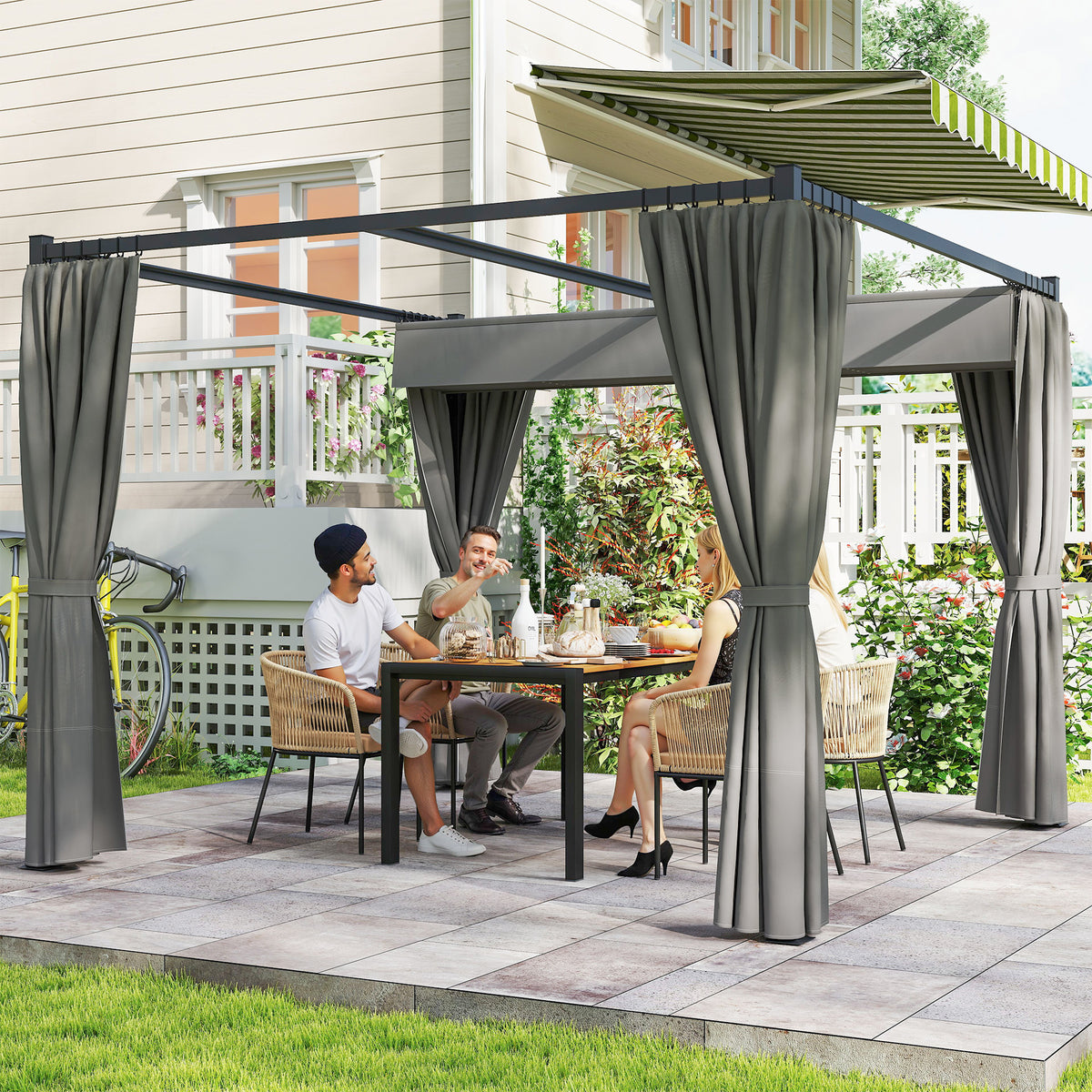 Outsunny 3x3m Retractable Pergola with PU Canopy & Privacy Curtains – Metal Frame Garden Shade, Light Grey