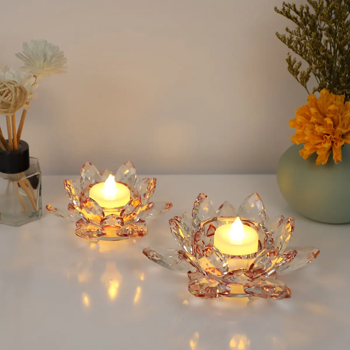 Crystal Glass Lotus Candle Holder with LED Tealight – Faceted Petal Home Decor