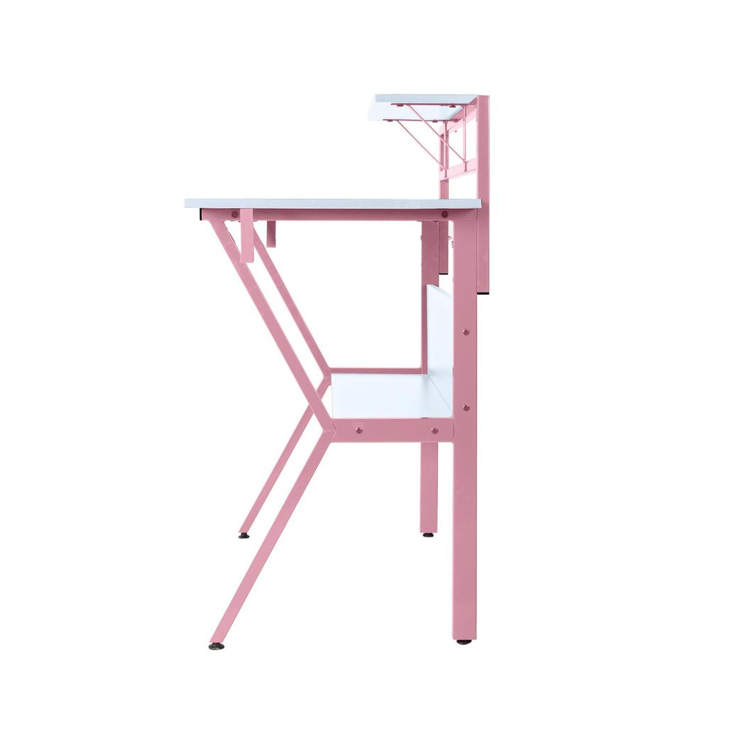 Neo 2-Tier Gaming Computer Desk with Monitor Shelf, Headphone Hooks & Carbon Fibre Texture Top – Pink