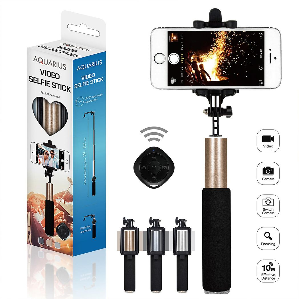 Aquarius Video Selfie Stick with Bluetooth Remote – Extendable 18–60cm Aluminium Monopod, Gold