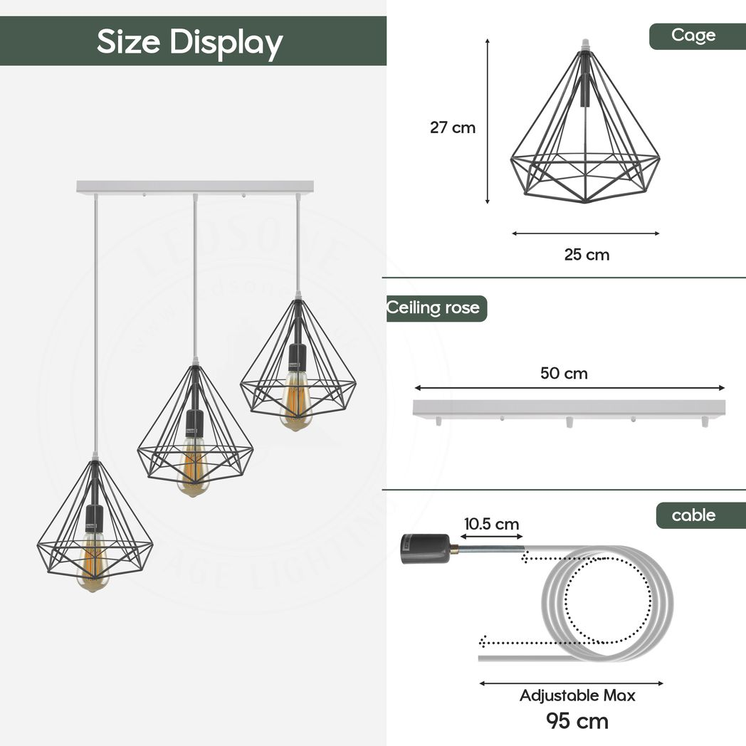 LEDSONE 3 Head Red Rectangle Base Vintage Industrial Cage Pendant Light, E27 Loft Style – Kitchen Island