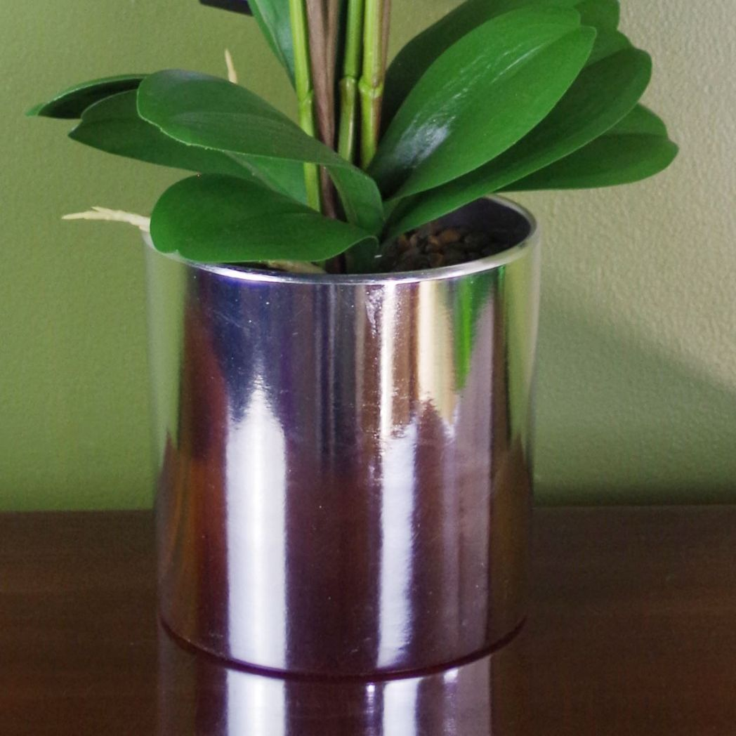 Leaf 52cm Large Artificial Orchid with 15 Real Touch Flowers – Silver Shiny Pot, Dark Pink