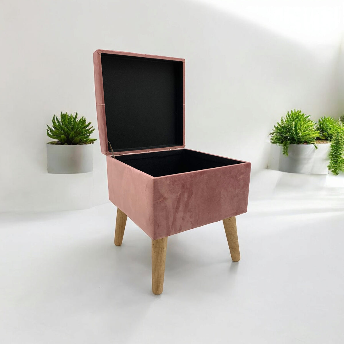 AcaciaHome Square Velvet Ottoman Footstool with Lift-Up Storage – Medium-Firm Foam Seat, Pink
