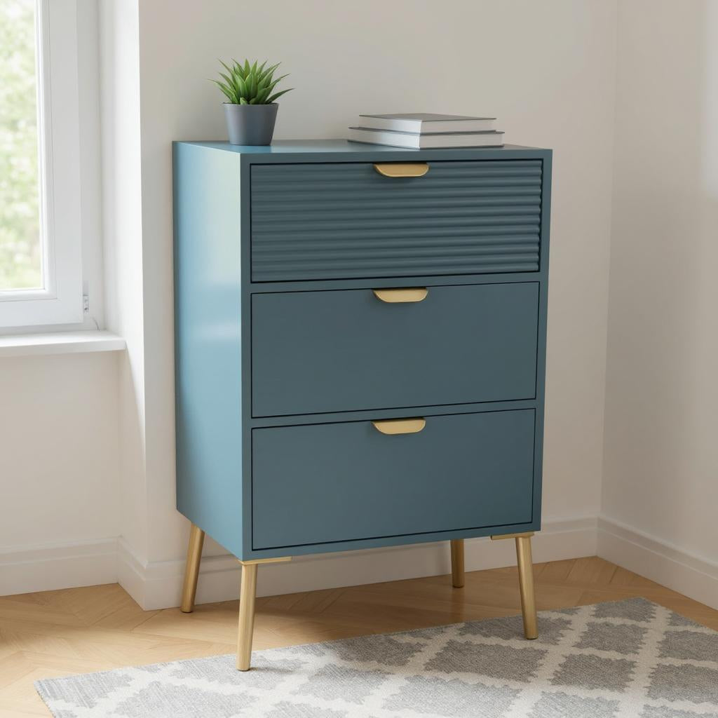AcaciaHome Wooden 3 Drawer Chest with Solid Pine Top & Metal Handles – Compact Bedroom Storage, Blue