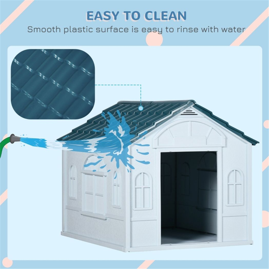 Plastic Dog Kennel House for Medium Dogs with Water-Resistant Surface & Cottage Windows – Blue and White