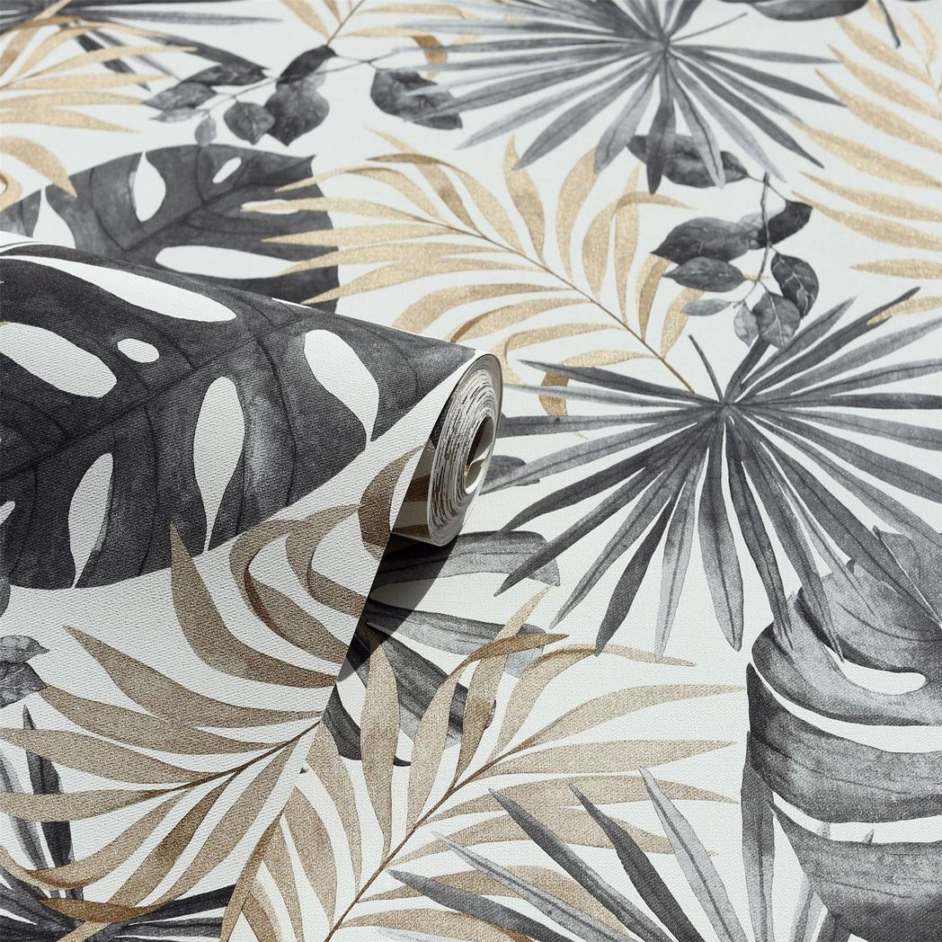 Arthouse Jungle Wall Vinyl Wallpaper with Palm Print & Gold Highlights – Paste the Paper, Black and Gold