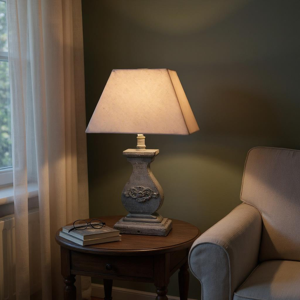 Tall Washed Wood Table Lamp with Taupe Linen Shade – Shabby Chic & Farmhouse Lighting