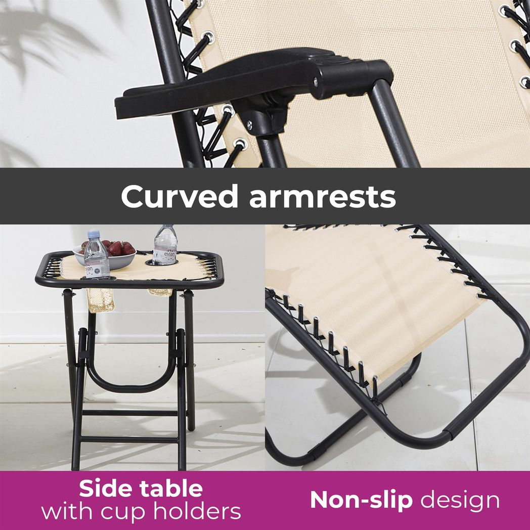 Neo Zero Gravity Chairs and Side Table Set – Folding, Reclining, Beige