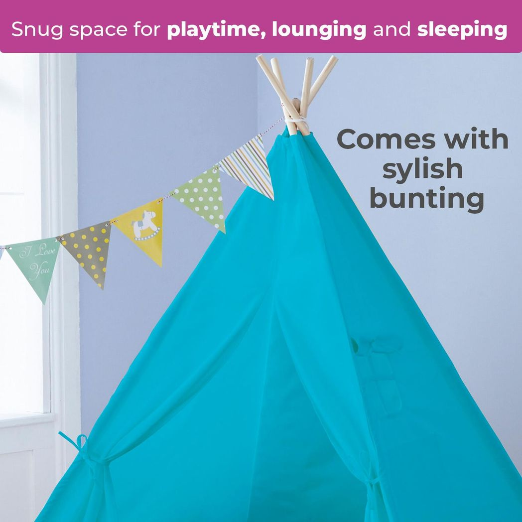 Neo Kids Indian Teepee Play Tent with Bunting and Storage Pouch – Cotton Canvas and Wood, Blue