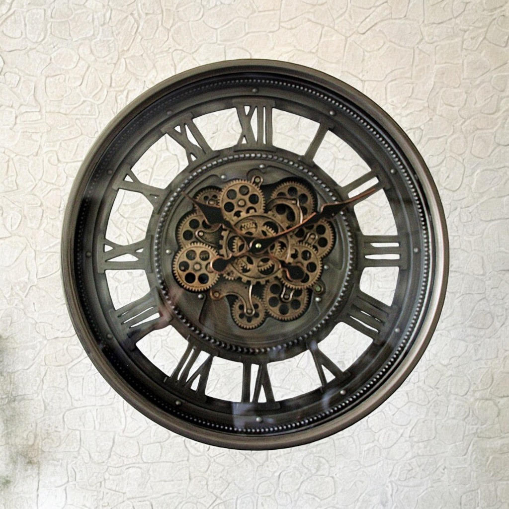 AcaciaHome 60cm Industrial Roman Numeral Wall Clock with Moving Gears – Quartz, Black & Grey