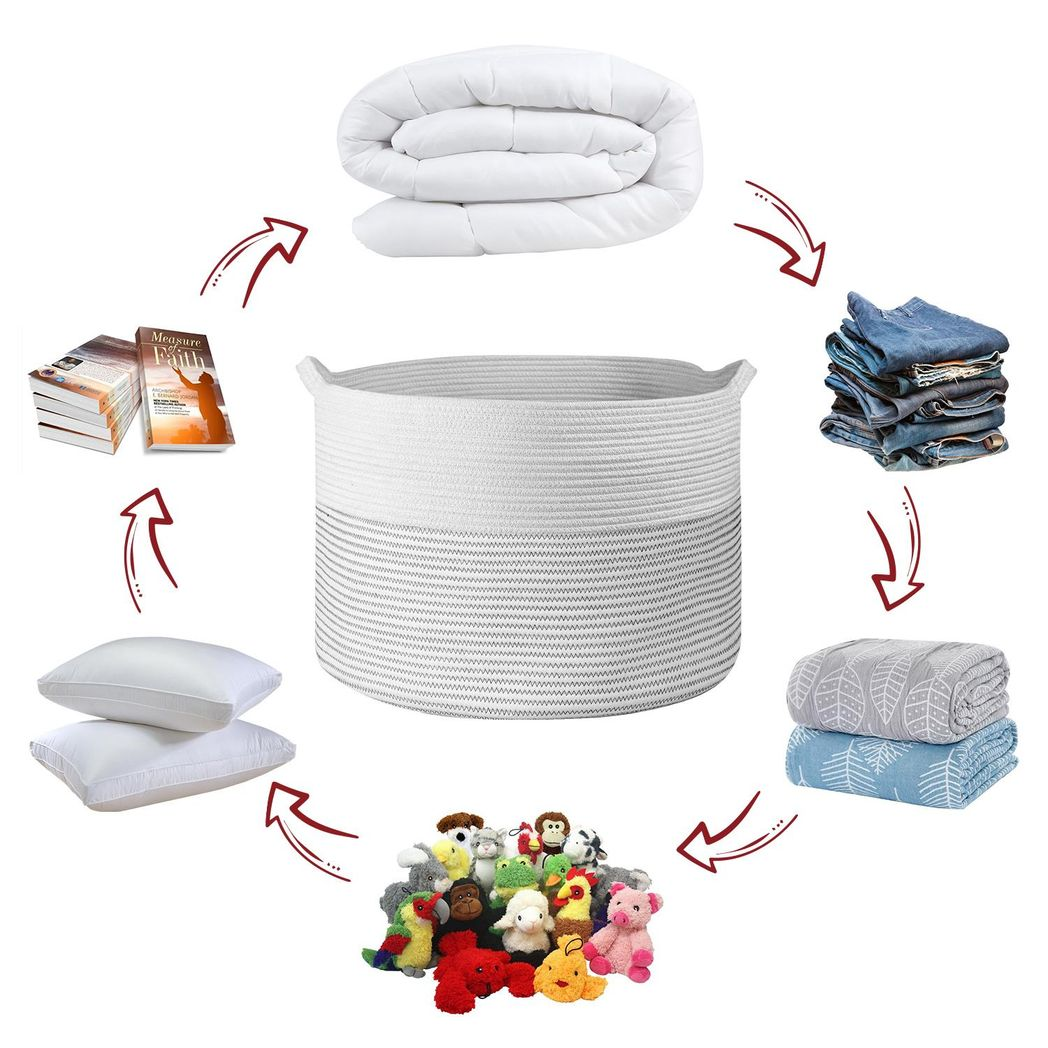 Vinsani Hand-Woven Cotton Rope Laundry Basket, 56 x 35.5cm – Foldable Storage Hamper with Handles