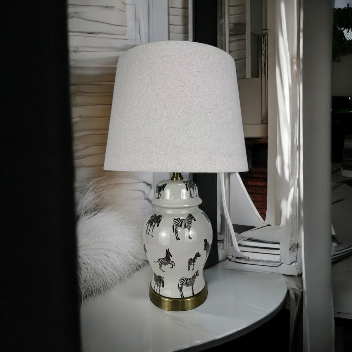 AcaciaHome Oriental Floral Ceramic Table Lamp with Drum Shade – Decal Patterns, Soft Ambient Lighting