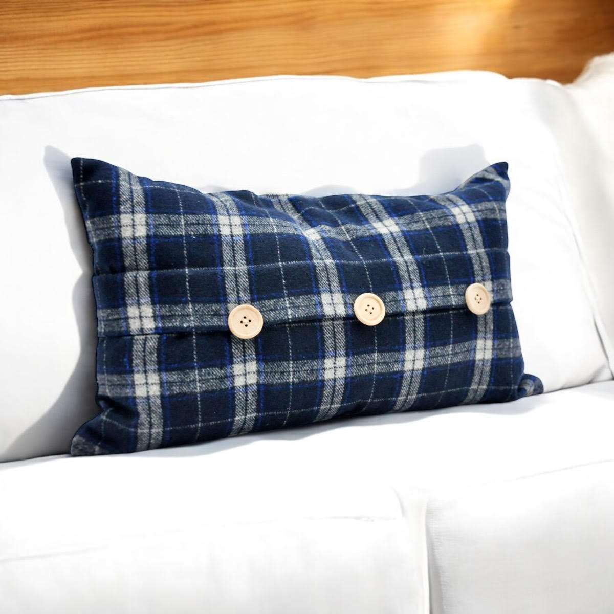 Blue Checked Velvet Tartan Cushion Cover, 30 x 50cm