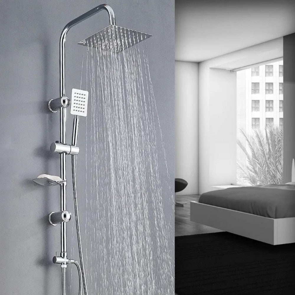 Modern Twin Head Shower Kit with Square Fixed Head, Riser Rail and Bath Mixer Tap – Chrome Complete Shower Unit