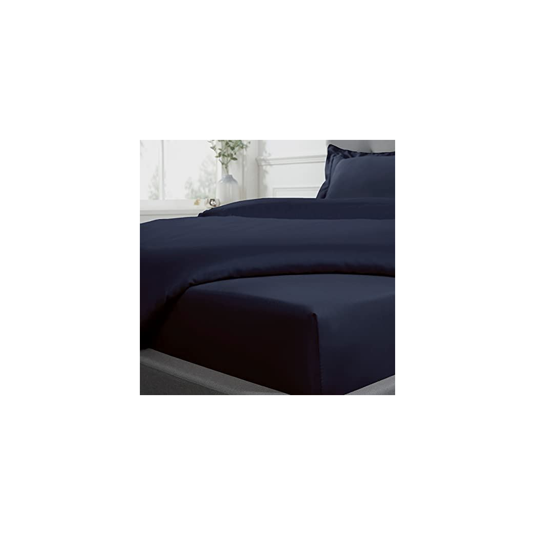 Sleepdown 300 Thread Count Cotton Sateen Extra Deep Fitted Sheet, 40cm Depth – Soft Bedding, Navy