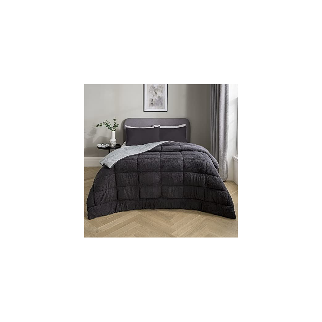 Sleepdown Reversible Teddy Fleece Bedspread, 200 x 200cm – Soft Warm Bed Throw, Grey and Charcoal
