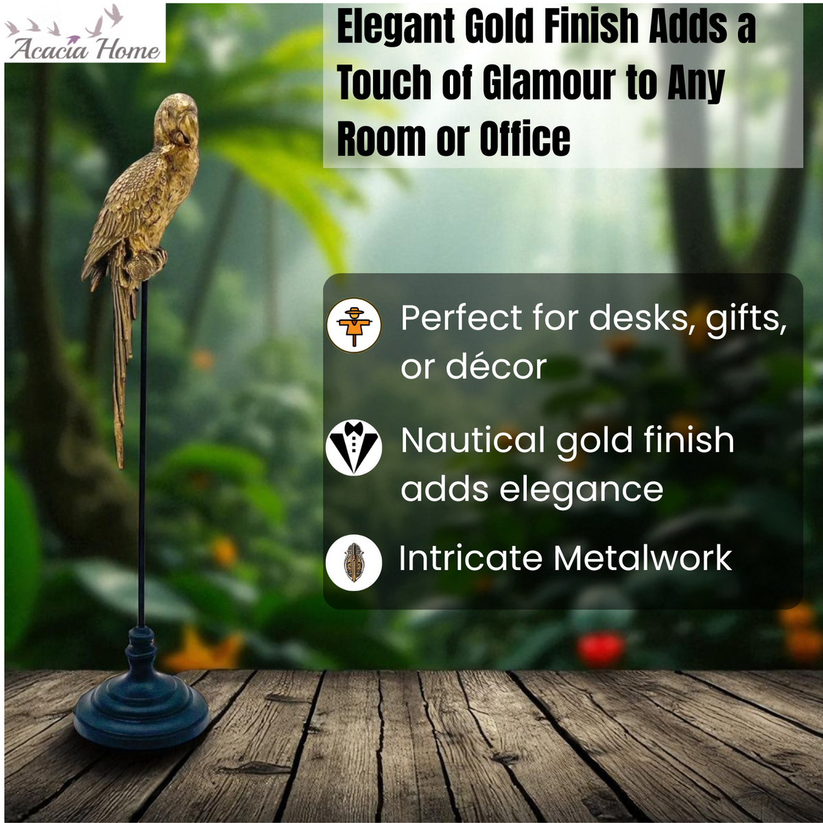AcaciaHome XL Tall Gold Parrot Sculpture – Resin Decorative Figurine for Home, Office & Patio