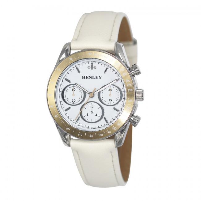 Henley Ladies Round Sporty Watch – White Dial, Oatmeal Leather Strap