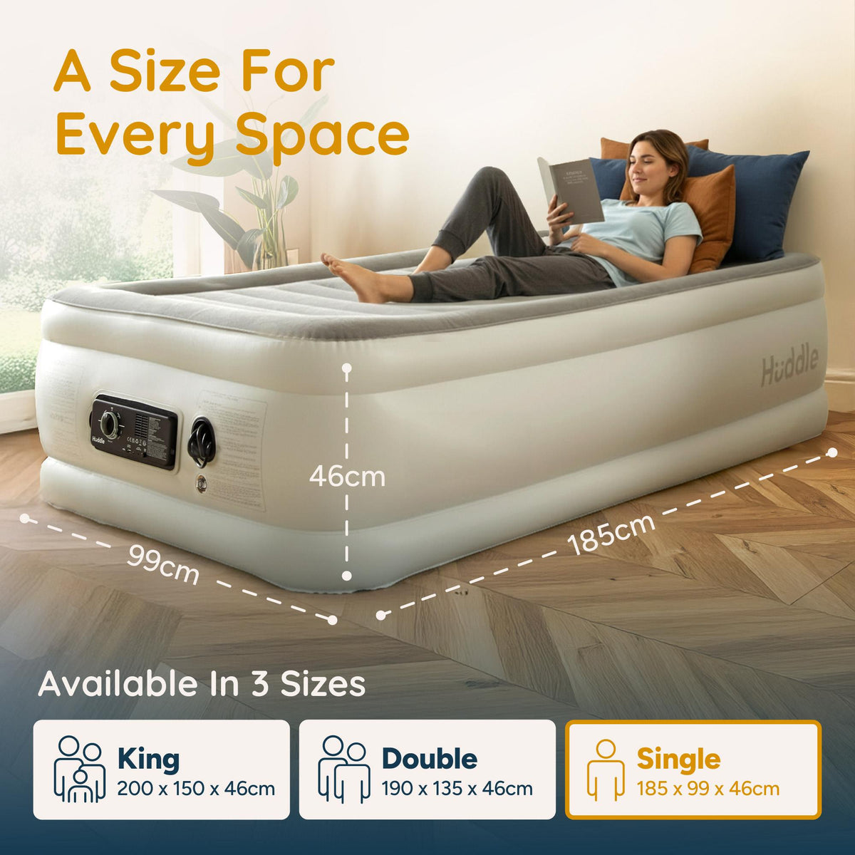 Huddle Never Deflate Air Bed with Dual-Action Pump, Comfort Dial & Nightlight – Single