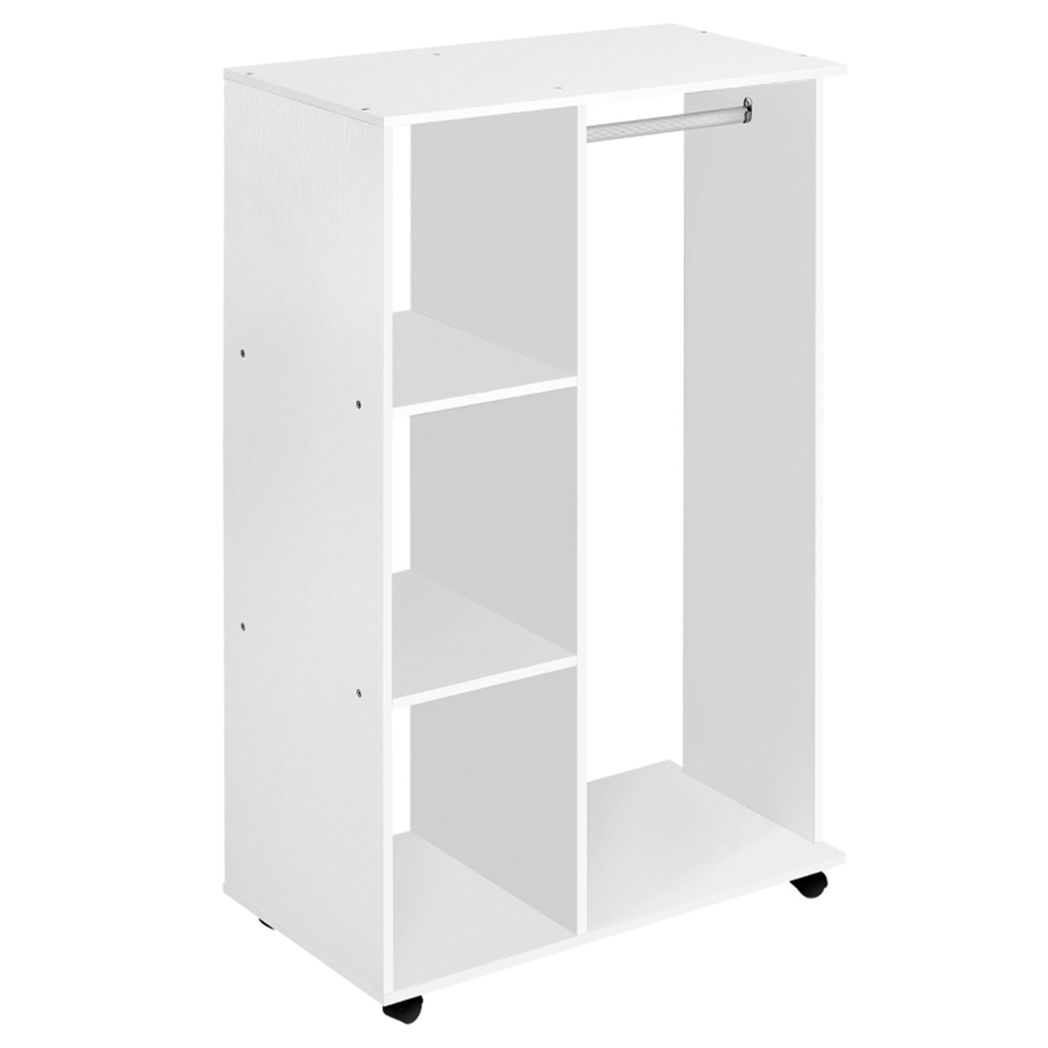 Rolling Open Wardrobe with Aluminium Hanging Rail & 3 Shelves – Mobile Bedroom Clothes Storage, White