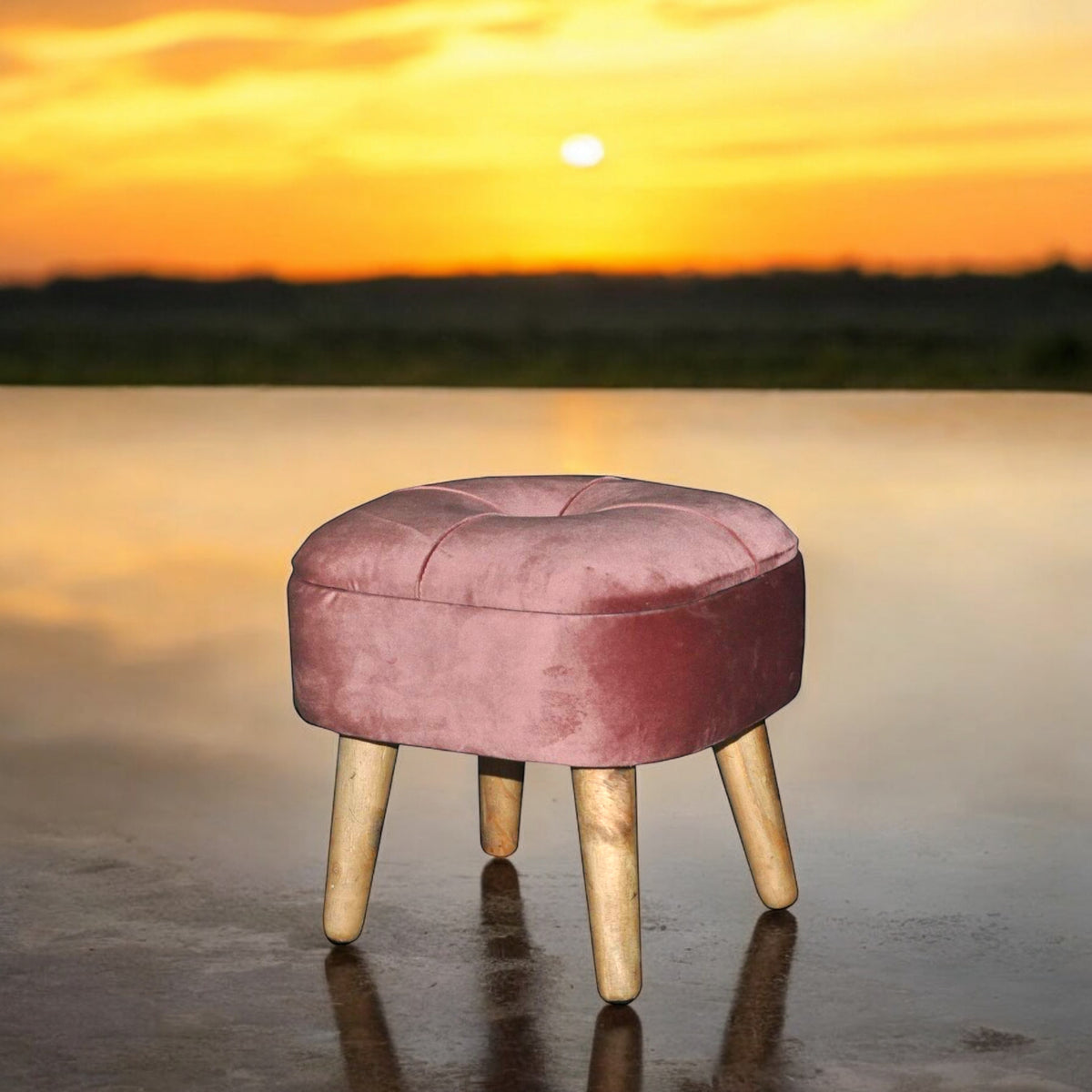 AcaciaHome Round Velvet Ottoman Footstool with Lift-Up Storage – Traditional Pattern for Living Room or Office, Pink