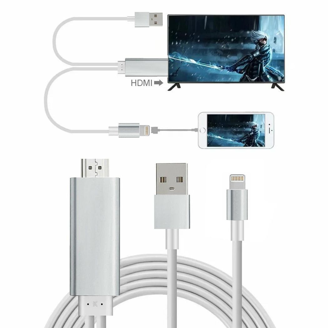 Aquarius Full HD HDMI Adapter Cable for 8-Pin Phones & Pads – 1080p Mirroring to TV or Projector, Silver