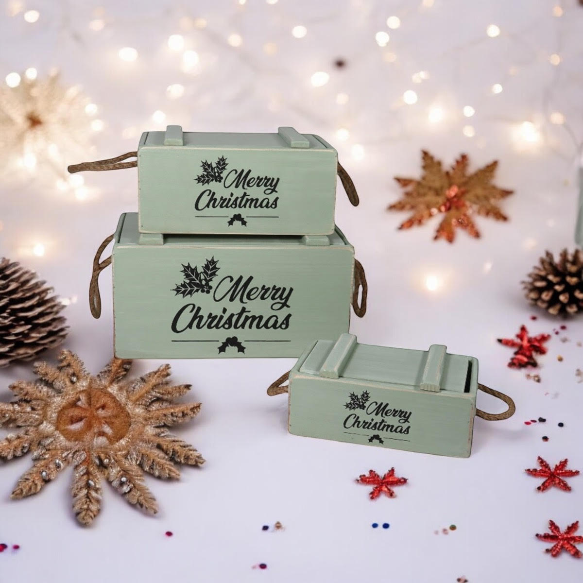 AcaciaHome Vintage Wooden Merry Christmas Storage Crate Set with Sturdy Handles – Festive Rustic Decor