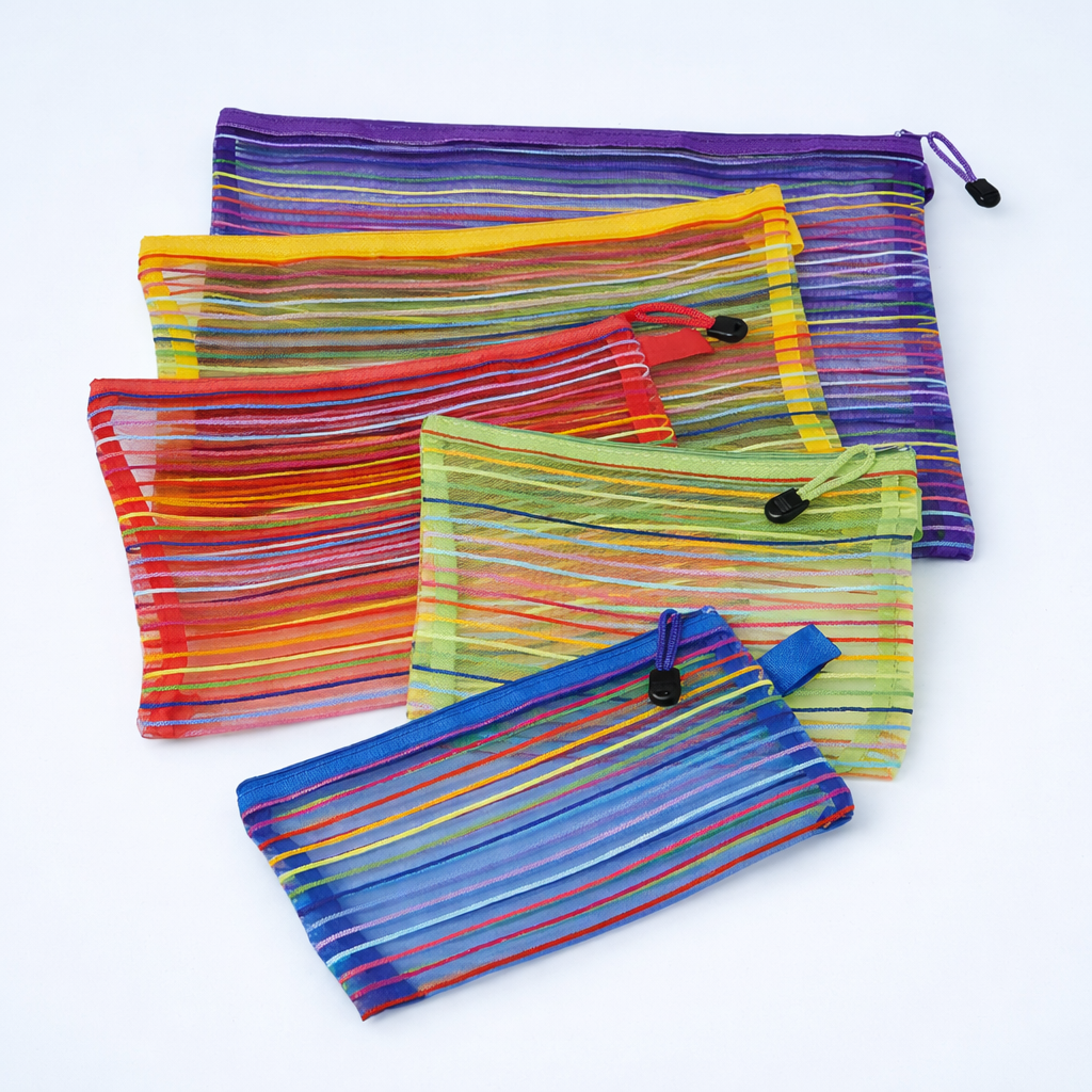 Avilo Mesh Zip Up Travel Bags, Set of 5 – Organiser Pouches for Accessories, Cosmetics & Cables