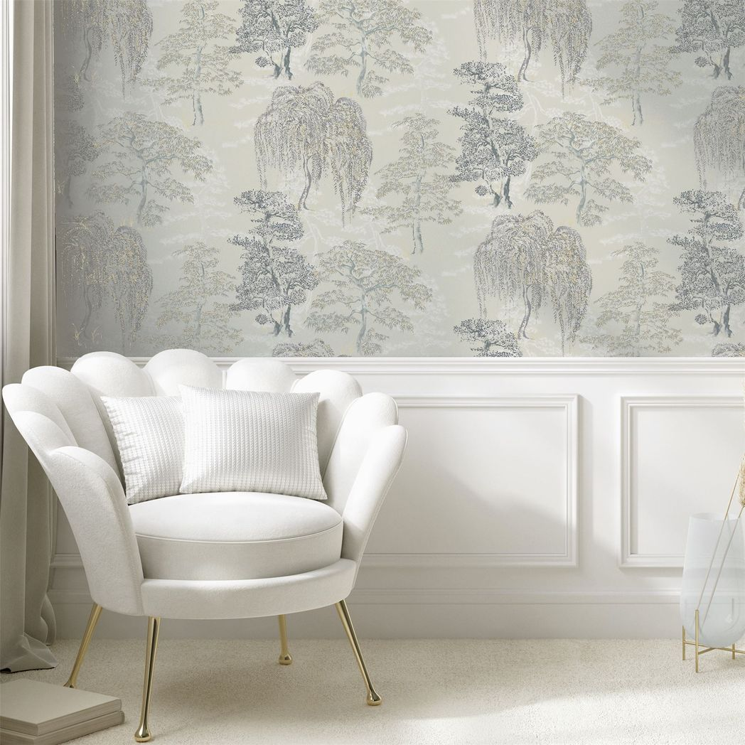 Arthouse Oriental Garden Tree Print Wallpaper – Soft Blue Feature Wall Design, Paste the Paper